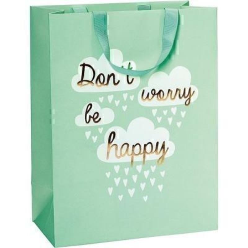 Brighten someone''s day with this beautiful mint green dont worry be happy gift bag by Swiss designer Stewo.With matching ribbon handle and hot foil stamping this bag has all the quality and detailing you would expect from Stewo. Size 25x33x13